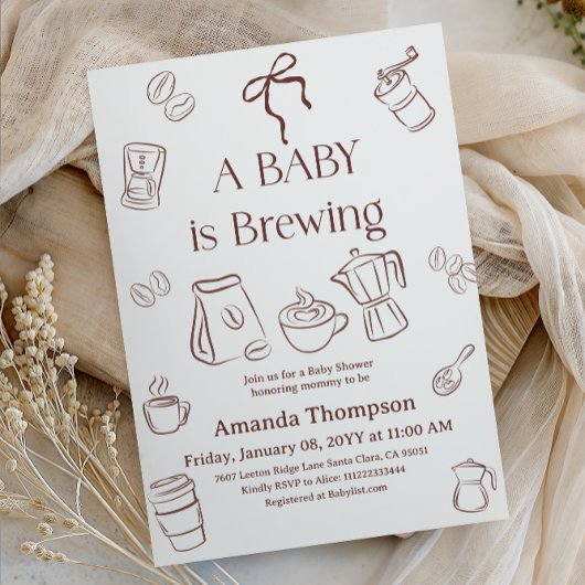 Coffee Theme Neutral Bow Brewing Baby Shower 招待状