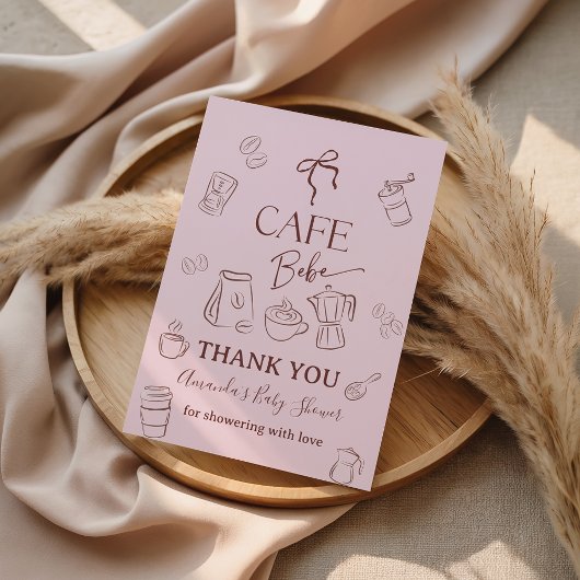Coffee Theme Pink Bow Cafe Bebe Girl Baby Shower サンキューカード