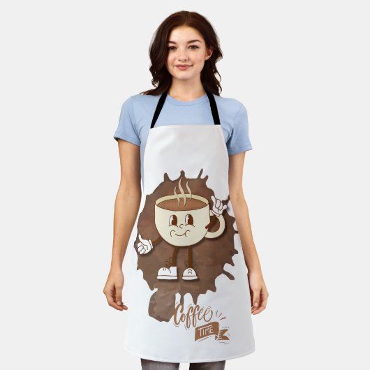 **Coffee Time – Cute Smiling Cup Steam  エプロン (着用した状態)