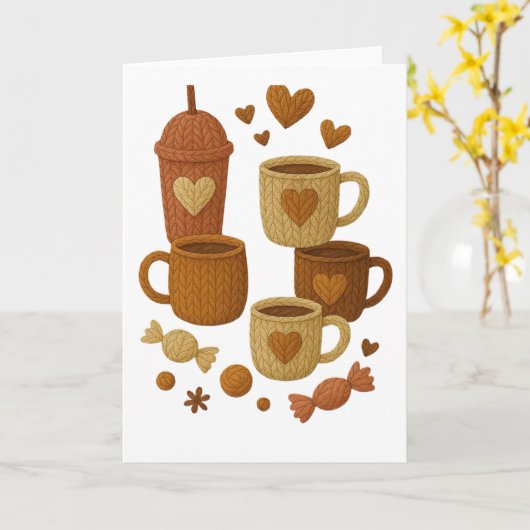 Coffee Valentine Day Love Knitted Hearts Hugs カード (黄色い花)