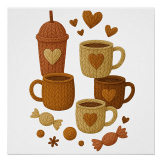 Coffee Valentine Day Love Knitted Hearts Hugs ポスター