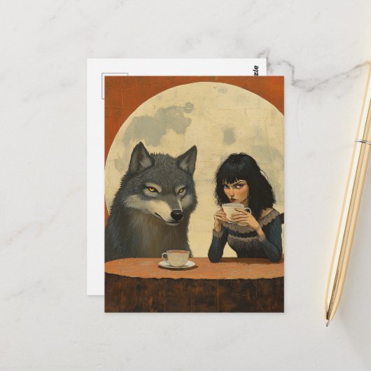 Coffee With the Wolf during a full moon moody ポストカード (正面/裏面インサイチュ)