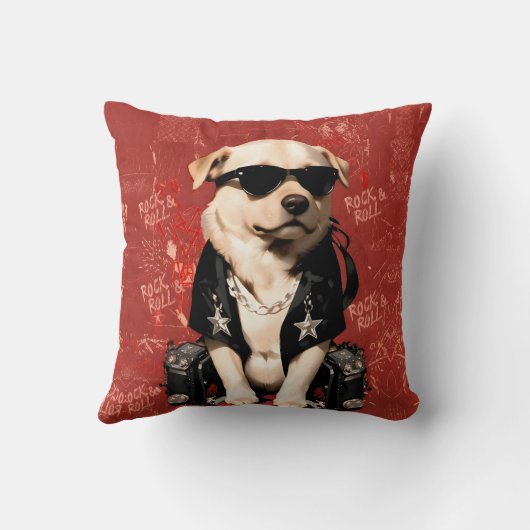 Cojín de Perro Rockero con Gafas de Sol Rojo クッション (裏面)