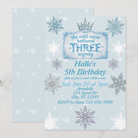 Cold Never Bothered Three Snowflake Birthday 招待状 (正面/裏面)
