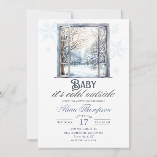 Cold Outside Dusty Blue Window Boy Baby Shower 招待状 (正面)
