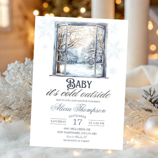 Cold Outside Dusty Blue Window Boy Baby Shower 招待状