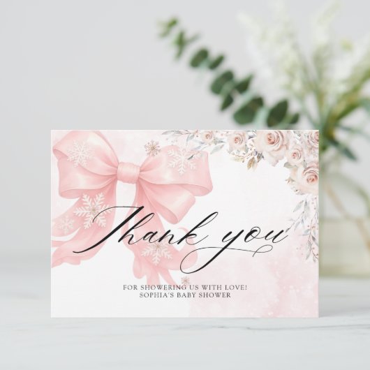 Cold Outside Pink Bow Baby Shower Thank You カード (スタンド正面)
