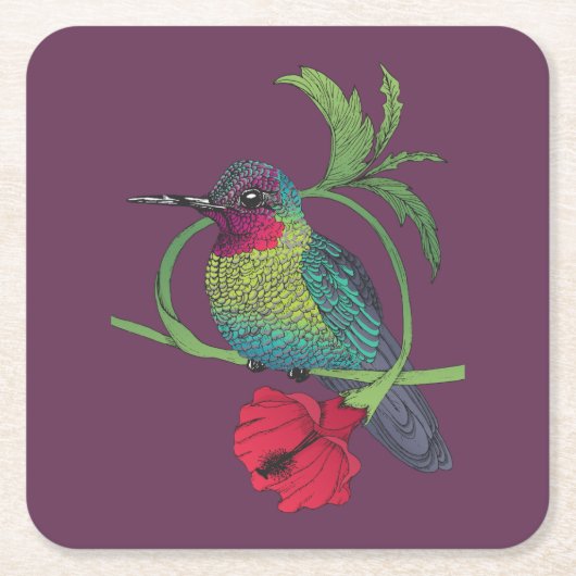Colibriの鳥のイラストレーションのコースター スクエアペーパーコースター (正面)