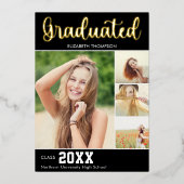 Collage 4 Photos Modern Script Graduation 箔招待状 (正面)