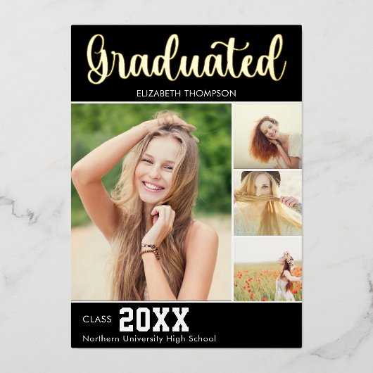 Collage 4 Photos Modern Script Graduation 箔招待状 (正面)