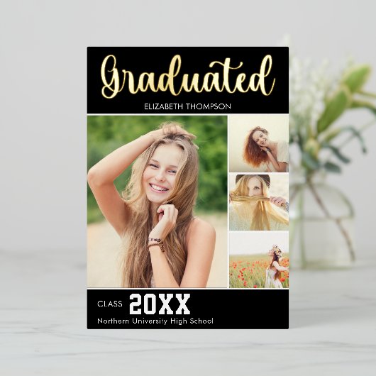 Collage 4 Photos Modern Script Graduation 箔招待状 (立ち正面)