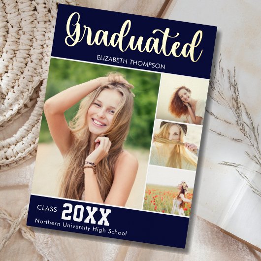 Collage 4 Photos Modern Script Graduation 箔招待状