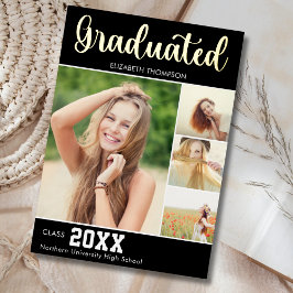 Collage 4 Photos Modern Script Graduation 箔招待状