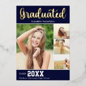 Collage 4 Photos Modern Script Graduation 箔招待状 (正面)