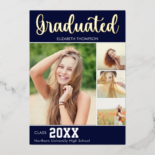 Collage 4 Photos Modern Script Graduation 箔招待状 (正面)