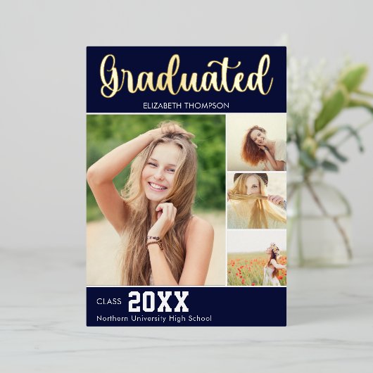 Collage 4 Photos Modern Script Graduation 箔招待状 (立ち正面)