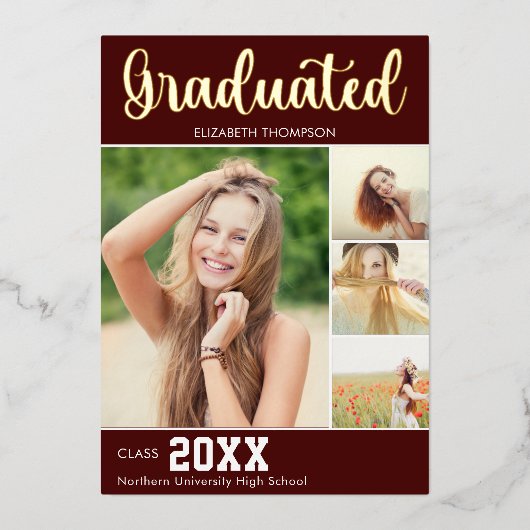 Collage 4 Photos Modern Script Graduation 箔招待状 (正面)