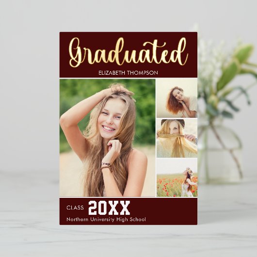 Collage 4 Photos Modern Script Graduation 箔招待状 (立ち正面)