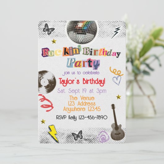 Collage Cut Out Rockstar Birthday 招待状 (スタンド正面)