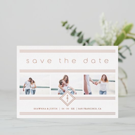 Collage Minimalist 3 Photos Couple Wedding Initial 箔招待状 (立ち正面)