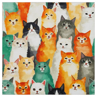 Collage of Watercolor Cats Pattern ファブリック