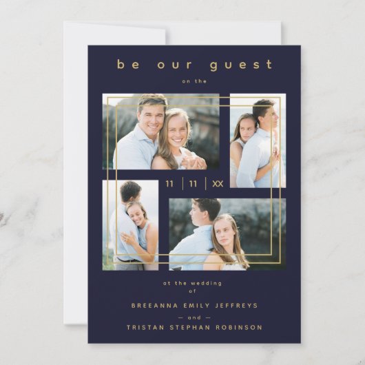 Collage Wedding 4 photos Navy Blue Trendy  招待状 (正面)