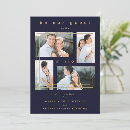 Collage Wedding 4 photos Navy Blue Trendy  招待状 (スタンド正面)
