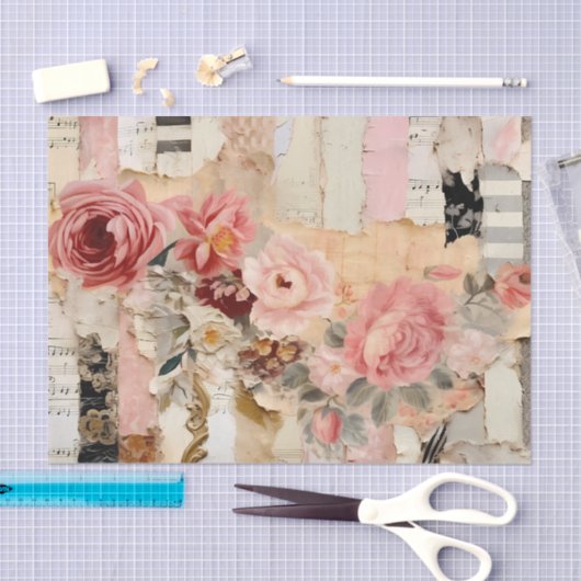 Collage with Painted Flowers and Torn Paper 薄葉紙 (クラフト)