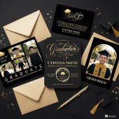 Modern Black & Gold Graduation Photo Invitation 招待状