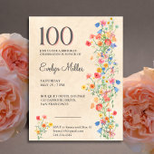 Floral 100th Birthday – Elegant Wildflowers インビテーションポストカード