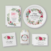 レッドローズ金ゴールドホリー100誕生日 マグネット招待状