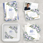 ブルーホワイト金ゴールドフローラ40th Birthday アクリル招待状