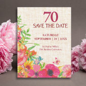 70歳の誕生日を祝う大輪の花の麻柄のSave the Date 案内ポストカード