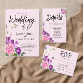 フローラピンクバイオレットウォーターカラーロマンチック結婚ズ 招待状 (この独立クリエイターのコレクションをカスタマイズ。)