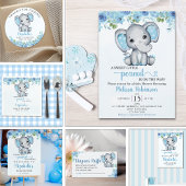 Blue Watercolor Elephant Baby shower Boy サンキューカード