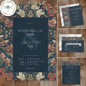 Art Nouveau Blue William Morris Floral Wedding 招待状