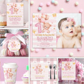 Beary Sweet First Birthday | Pink Boho Bear Girl 招待状