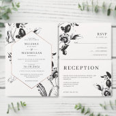 白黒フローラの地域金ゴールドのフレー救ムの日付 箔招待状 (この独立クリエイターのコレクションをカスタマイズ。)