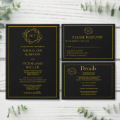 ブラック&金ゴールドモノグラムクレスト結婚式招待状 招待状 (この独立クリエイターのコレクションをカスタマイズ。)