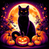黒猫と満月のハロウィンパーティー招待状 招待状