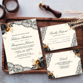 Black Gold Roses Lace Cream Gothic QR Code Wedding 招待状