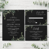 白黒グリーンリーボタニカルウォーター結婚カラー 招待状 (この独立クリエイターのコレクションをカスタマイズ。)