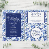 青と白の花柄のトワル結婚式 ラウンドクッション (この独立クリエイターのコレクションをカスタマイズ。)