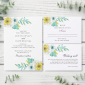 青と黄色の花。ミントフローラ結婚ズ 出欠カード (この独立クリエイターのコレクションをカスタマイズ。)