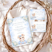 Blue Bunny Floral Baby Shower 招待状