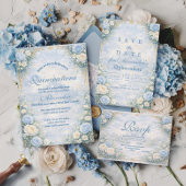 Blue Floral Gold Garden Quinceañera 出欠カード