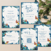 Elegant Blue Green Foliage Butterfly Wedding Reply 出欠カード