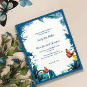 Elegant Blue Green Botanical Butterfly Wedding セーブザデート