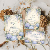 青いアジサイとアイボリーのローズのウェディング 招待状