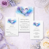 Blue Purple Gold Abstract Heart Wedding Invitation 招待状